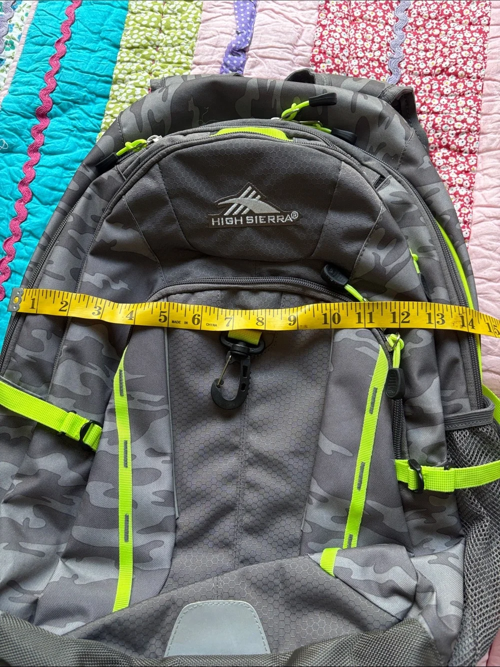 High Sierra Gray Camo Backpack with Neon Yellow Accents, Like New!
